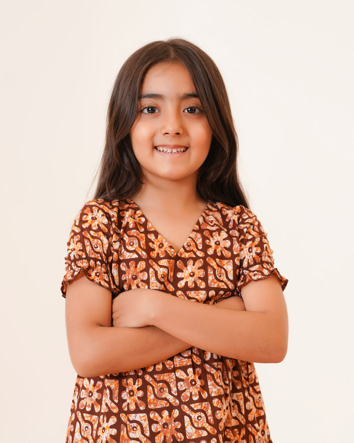 Amber Lattice Printed Girl's Cotton Dress