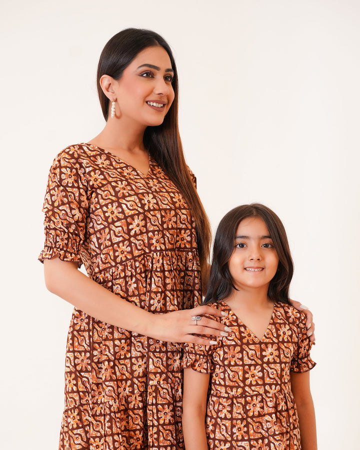 Amber Lattice Mom and Daughter Cotton Dresses