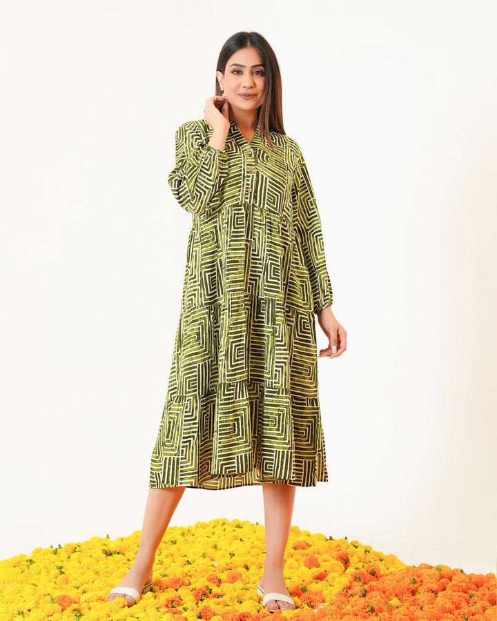 Olive Lines Printed Dress with Pockets