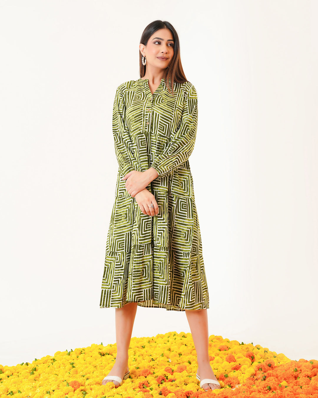 Olive Lines Printed Dress with Pockets