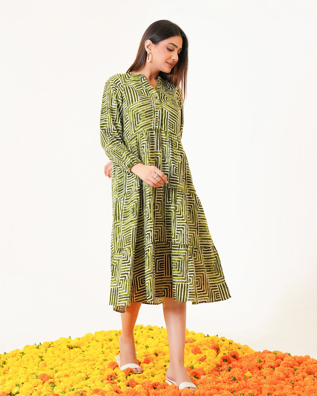 Olive Lines Printed Dress with Pockets