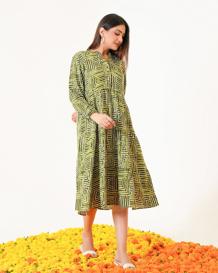 Olive Lines Printed Dress with Pockets