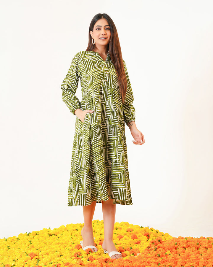 Olive Lines Printed Dress with Pockets