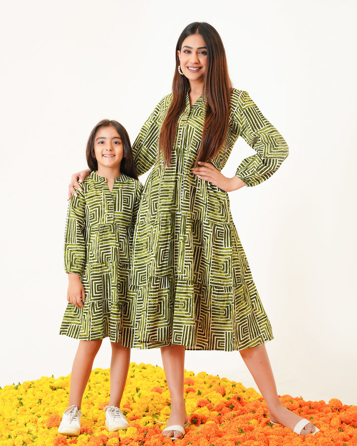 Olive Lines Mom and Daughter Dresses
