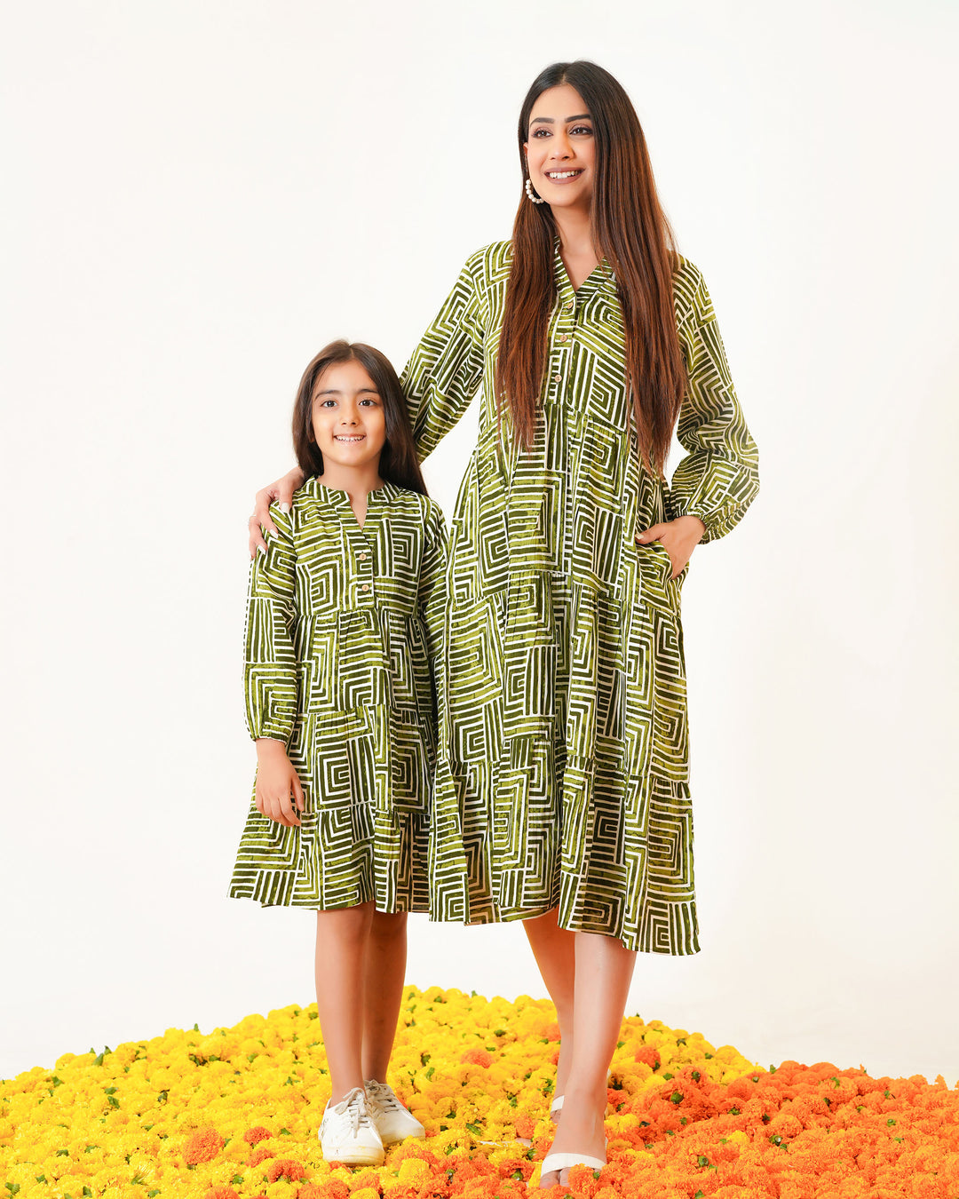 Olive Lines Mom and Daughter Dresses
