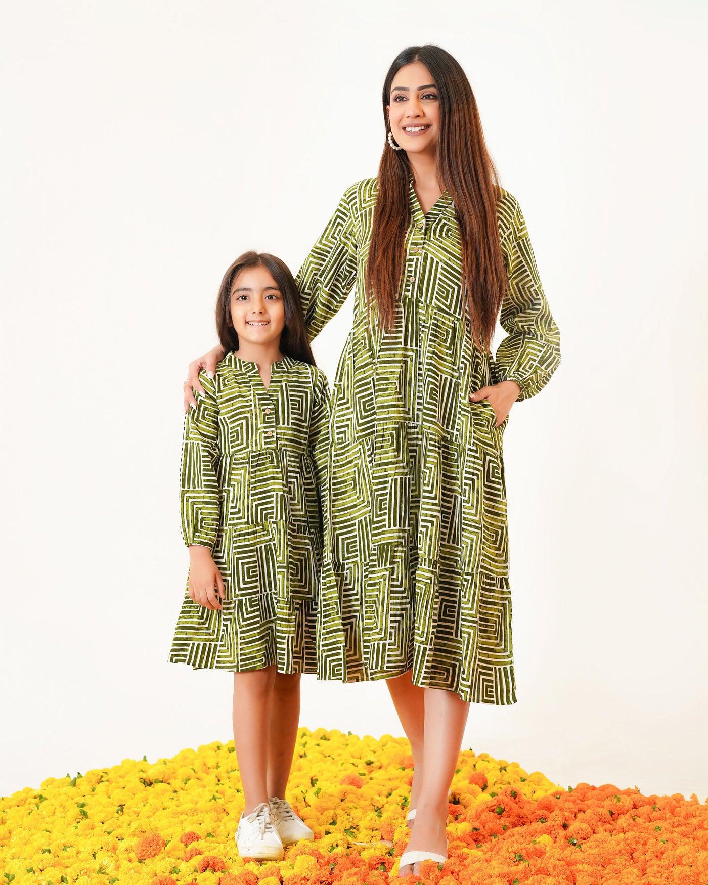 Olive Lines Mom and Daughter Dresses
