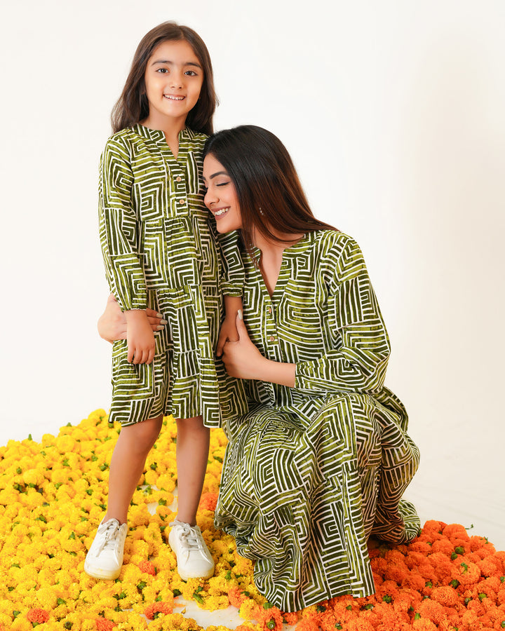 Olive Lines Mom and Daughter Dresses