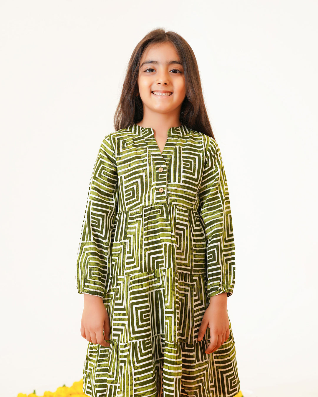 Olive Lines Printed Girl's Dress