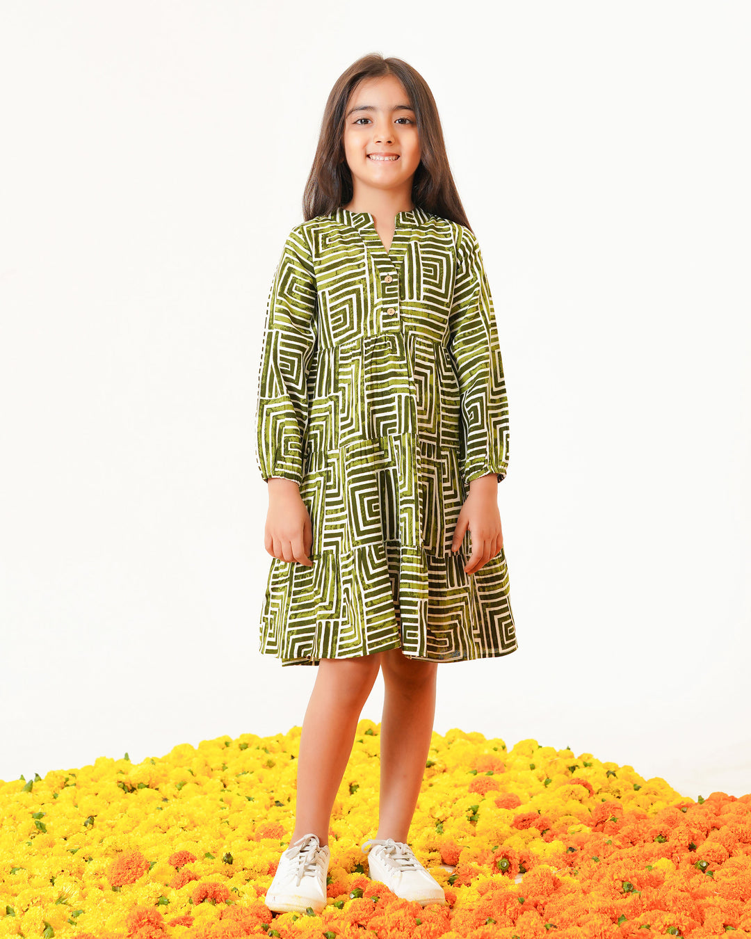 Olive Lines Printed Girl's Dress