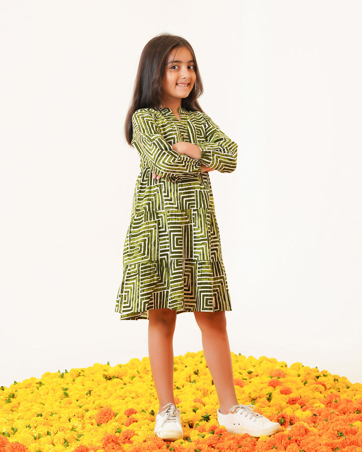 Olive Lines Printed Girl's Dress