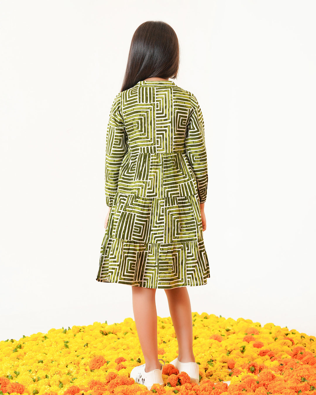 Olive Lines Printed Girl's Dress