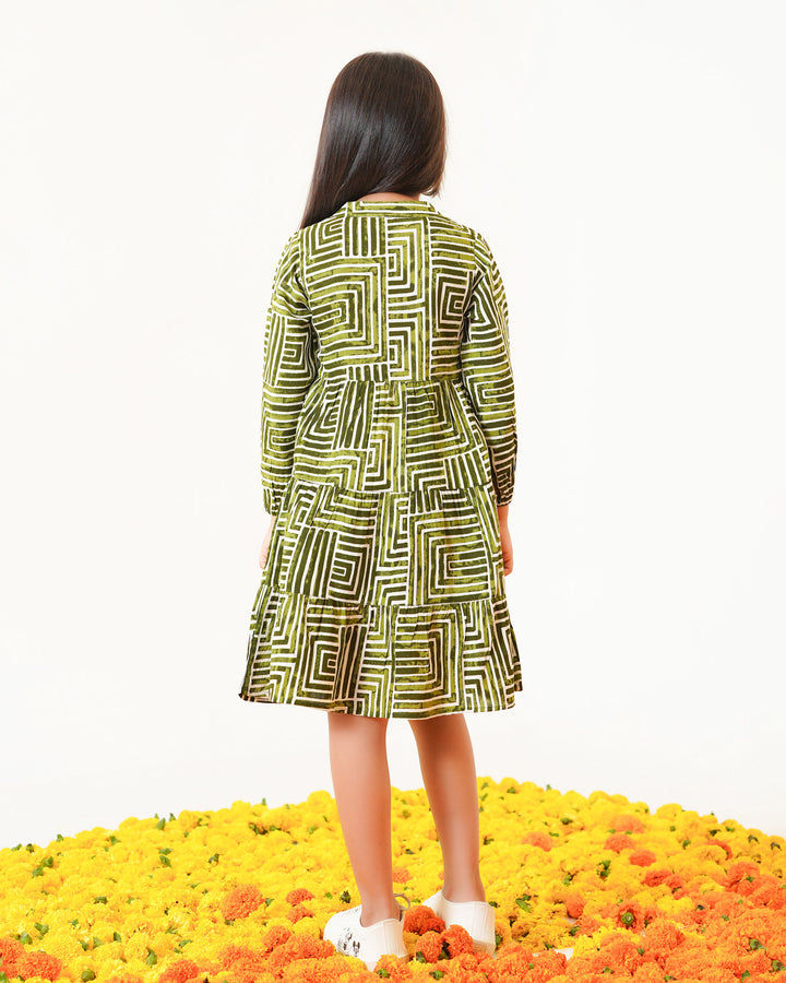 Olive Lines Printed Girl's Dress