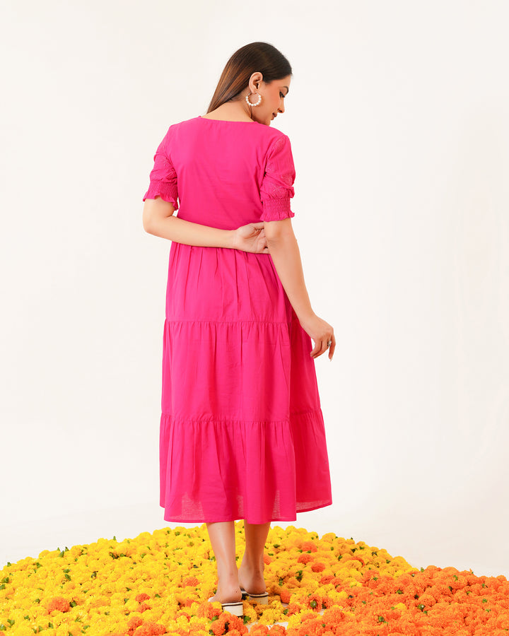 Butterflies on Pink Tiered Cotton Midi Dress with Pockets