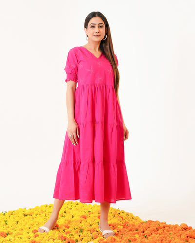 Butterflies on Pink Tiered Cotton Midi Dress with Pockets