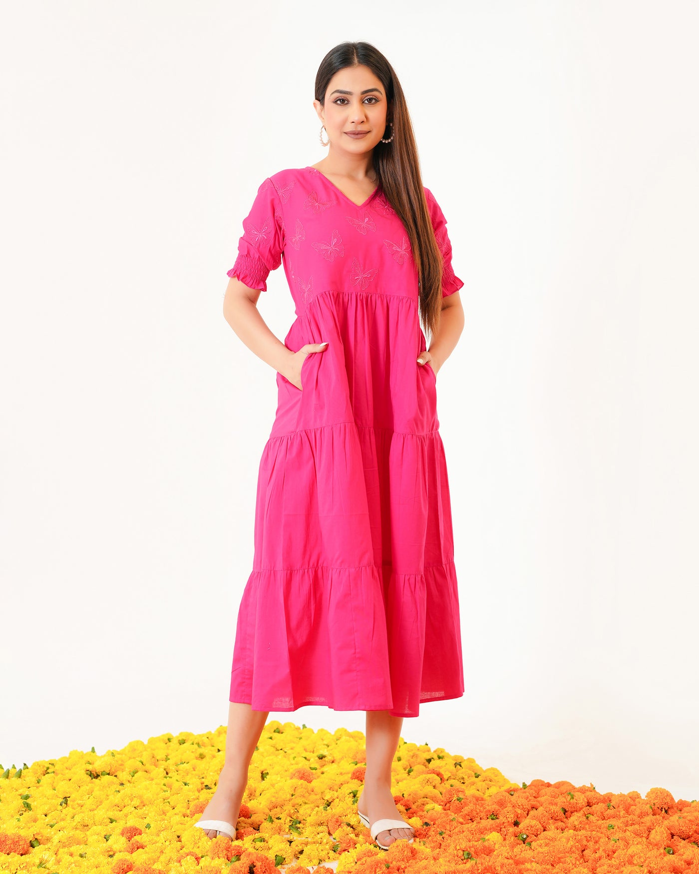 Butterflies on Pink Tiered Cotton Midi Dress with Pockets