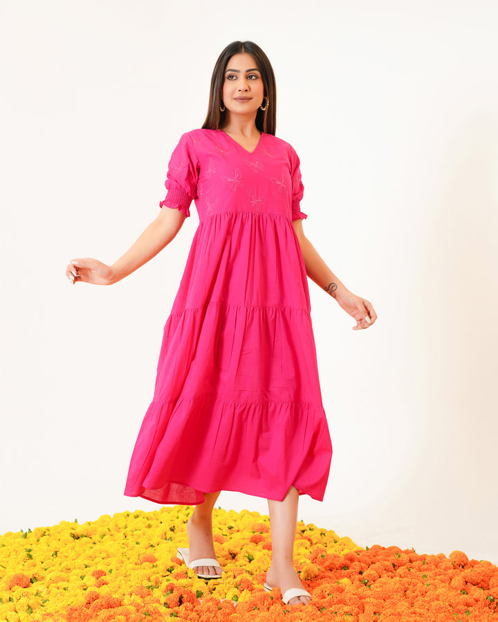 Butterflies on Pink Tiered Cotton Midi Dress with Pockets