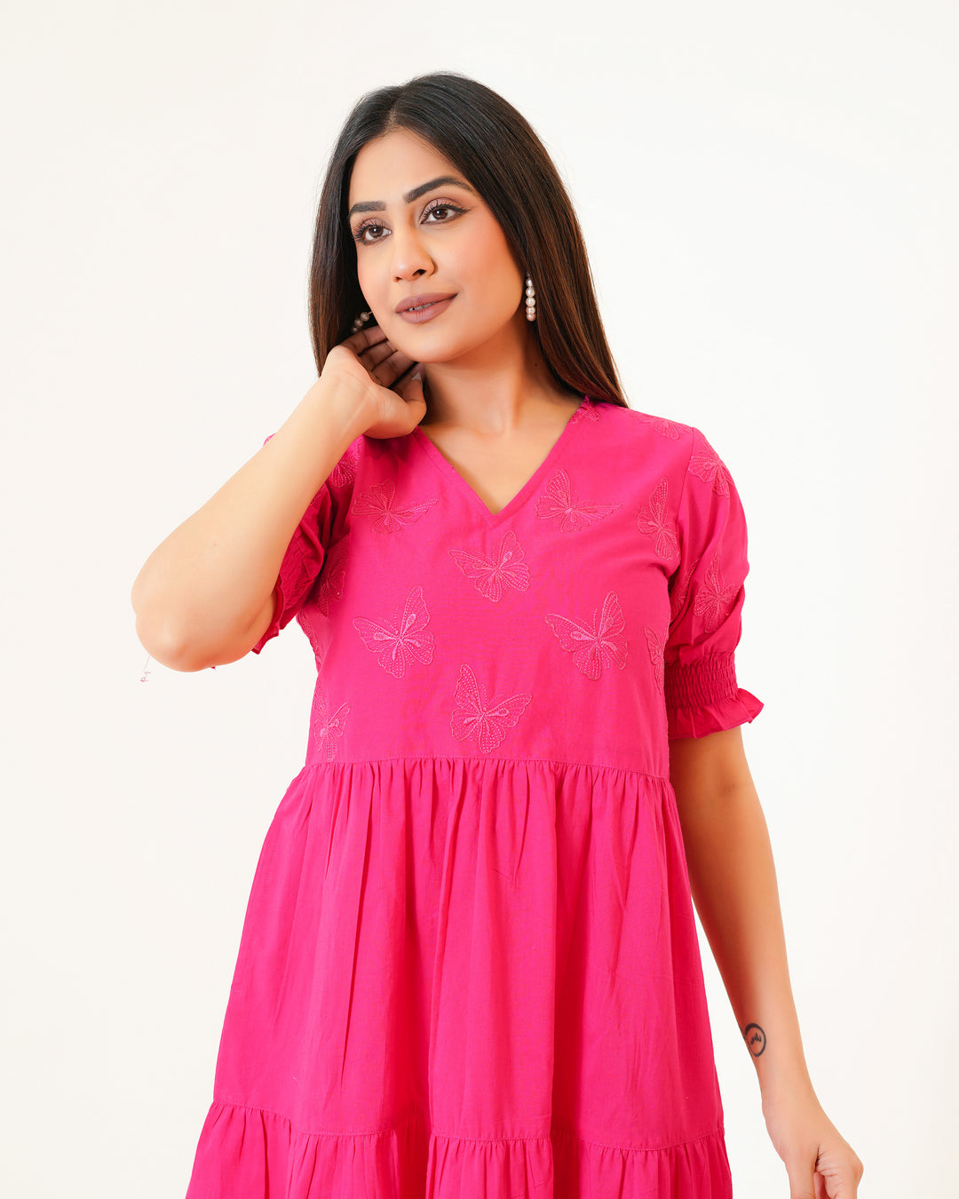 Butterflies on Pink Tiered Cotton Midi Dress with Pockets