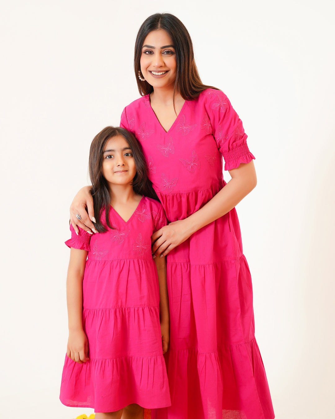 Butterflies on Pink Mom and Daughter Cotton Dresses