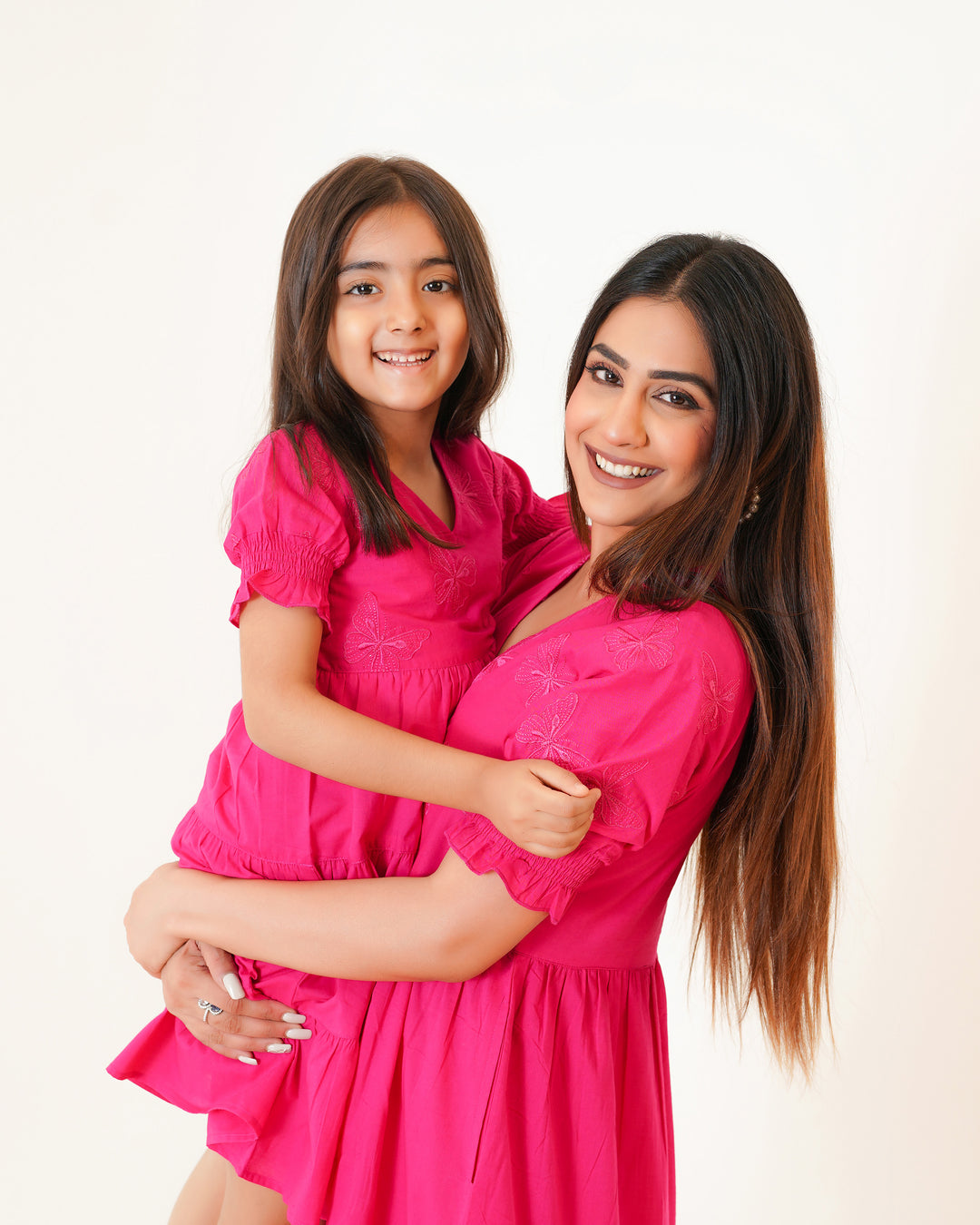 Butterflies on Pink Mom and Daughter Cotton Dresses