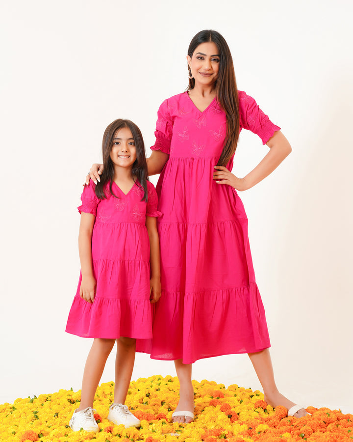 Butterflies on Pink Mom and Daughter Cotton Dresses