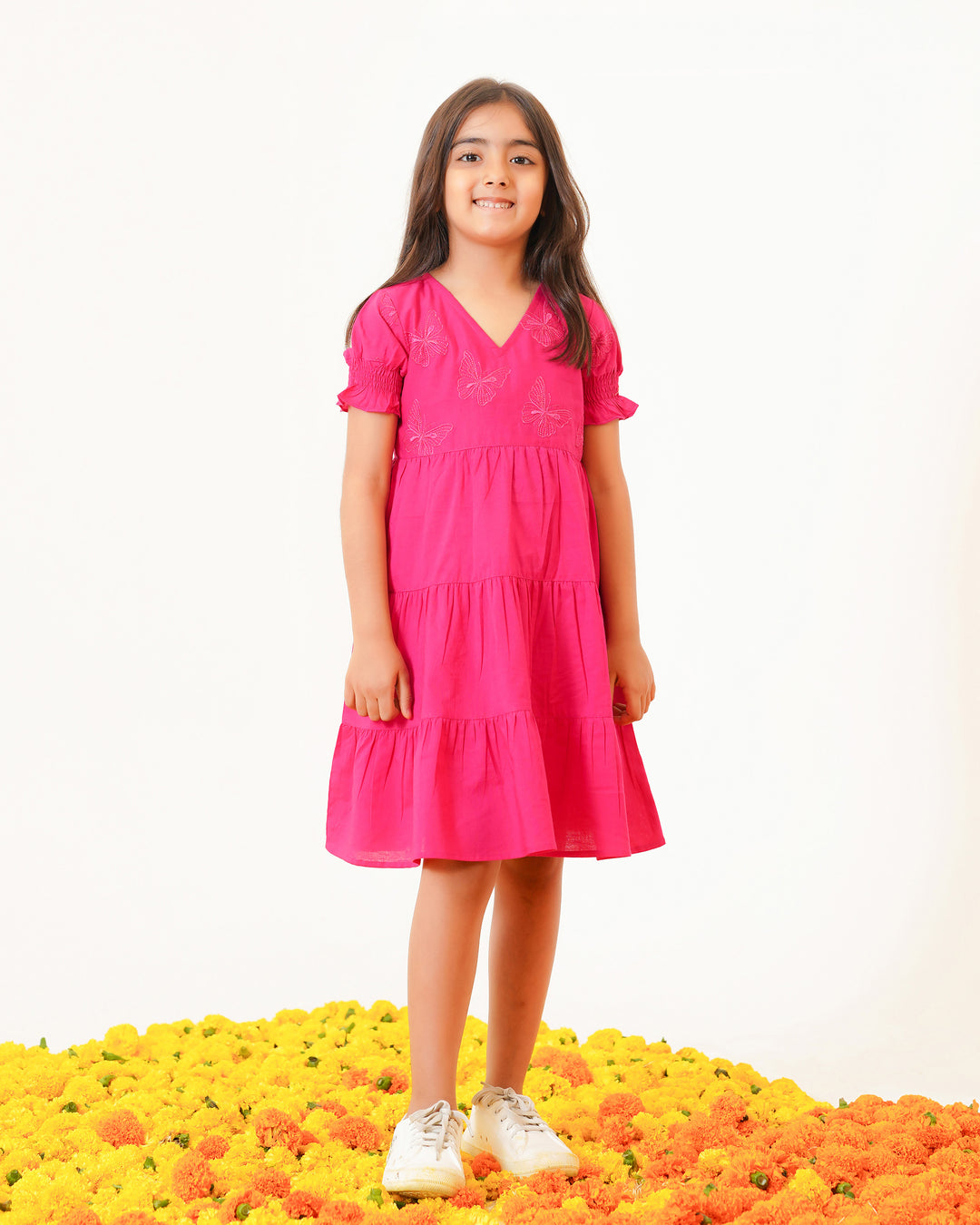 Butterflies on Pink Tiered Cotton Girl's Dress