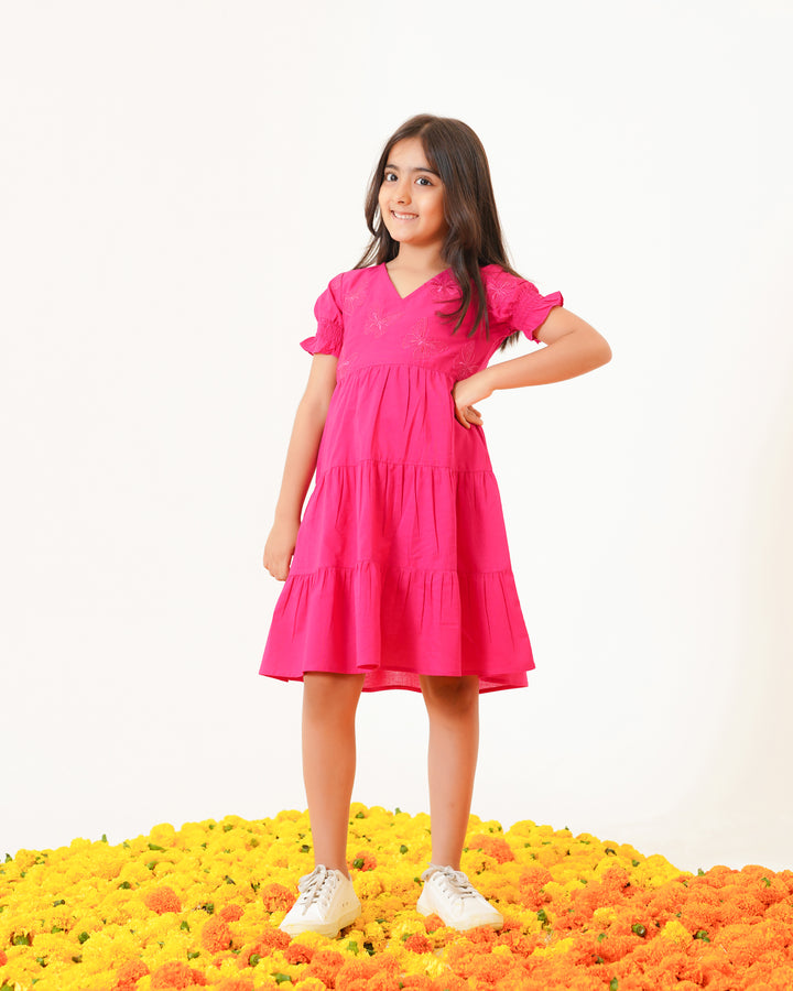 Butterflies on Pink Tiered Cotton Girl's Dress