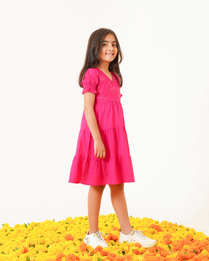 Butterflies on Pink Tiered Cotton Girl's Dress