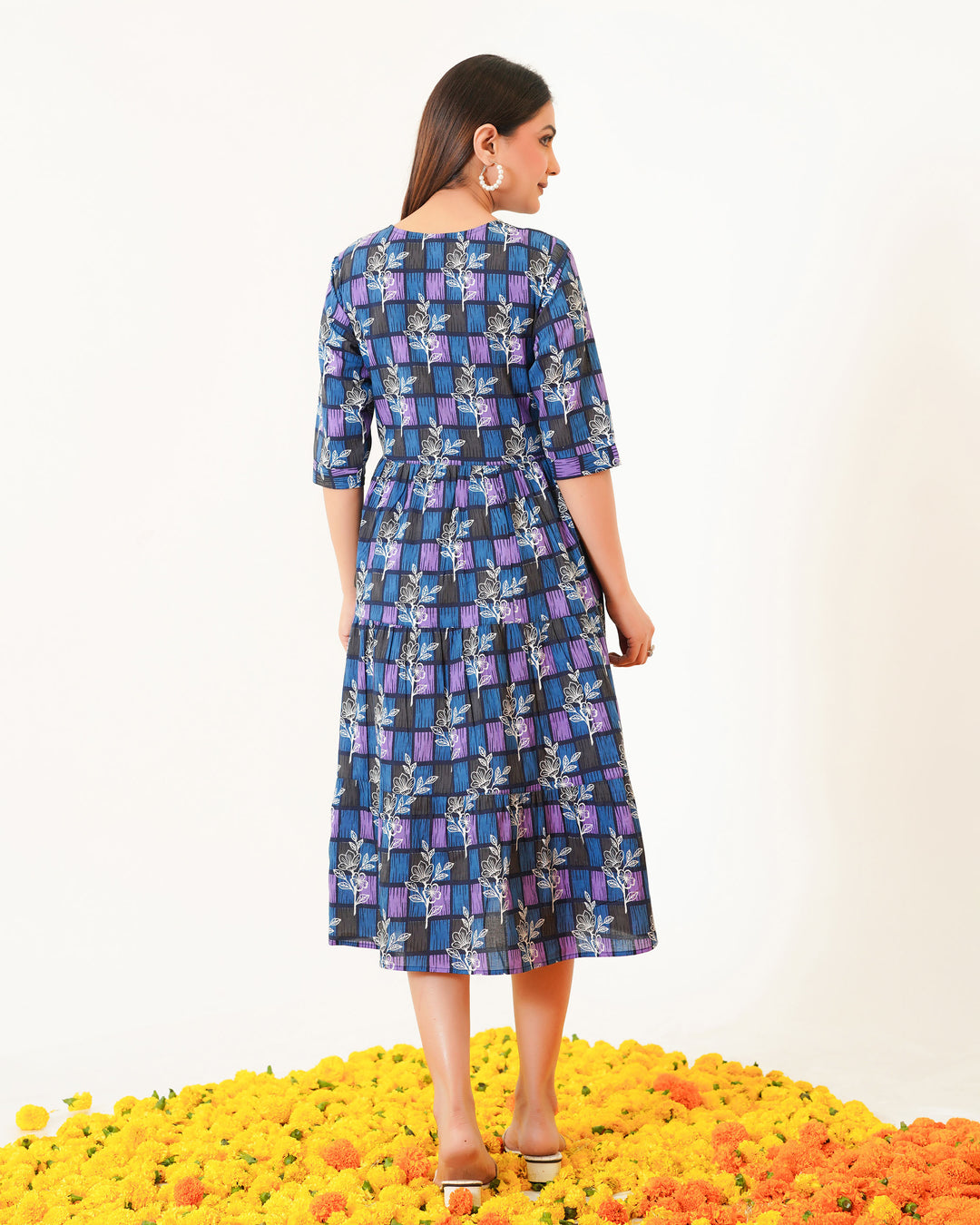 'Blue ColorLane' Tiered Cotton Midi Dress with Pockets