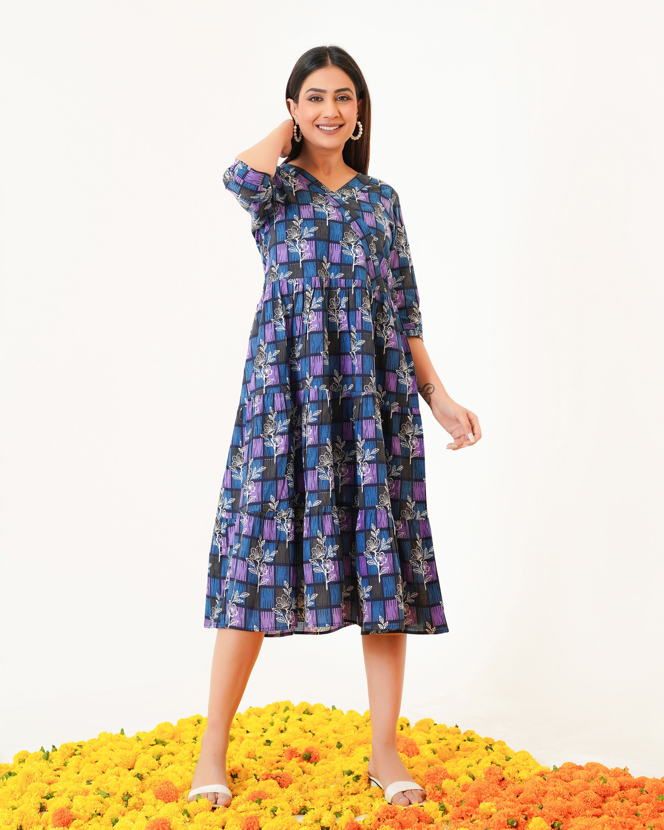 Colorlane 'Blue ColorLane' Tiered Cotton Midi Dress with Pockets – Fashiana