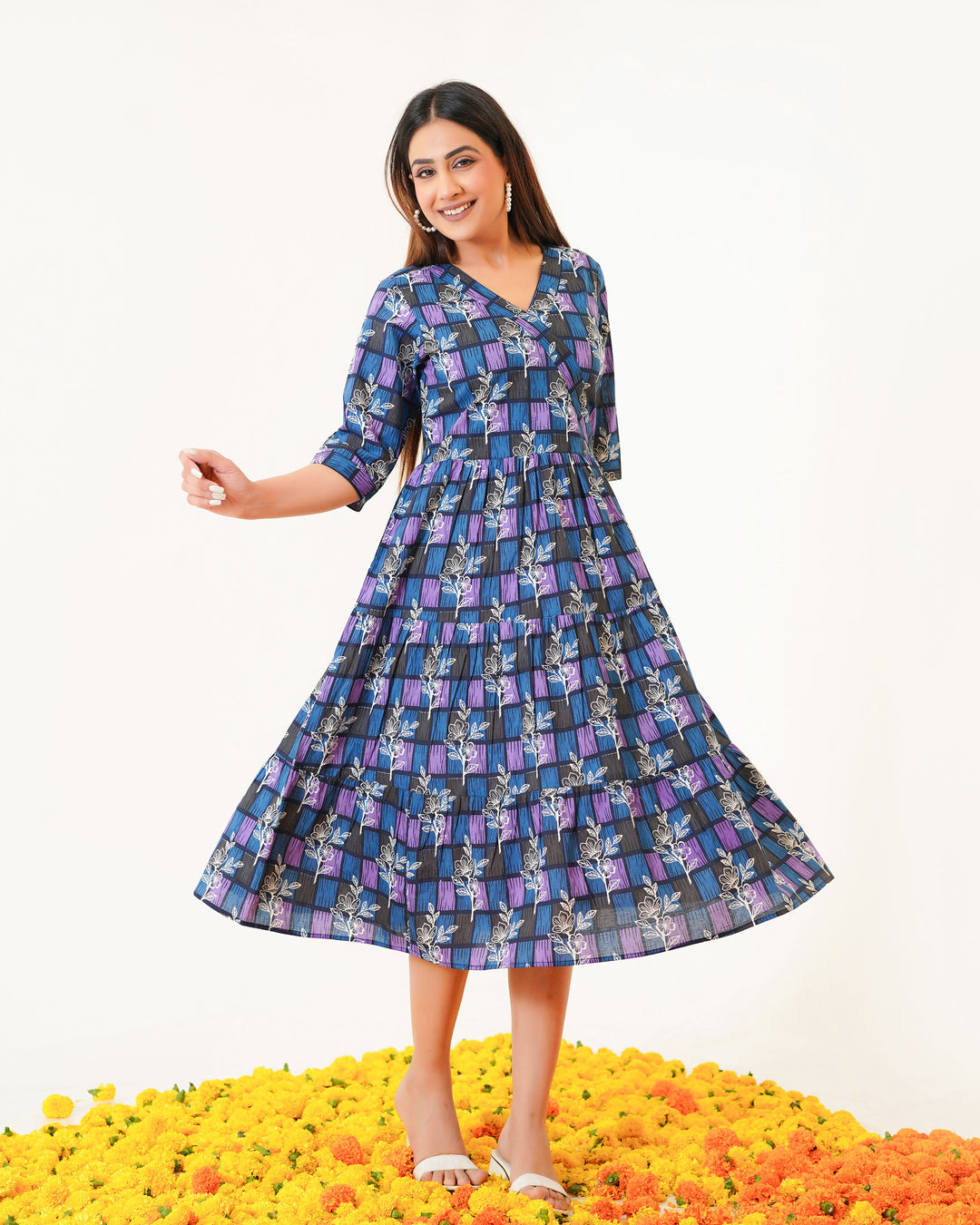 Colorlane 'Blue ColorLane' Tiered Cotton Midi Dress with Pockets – Fashiana