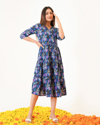 'Blue ColorLane' Tiered Cotton Midi Dress with Pockets