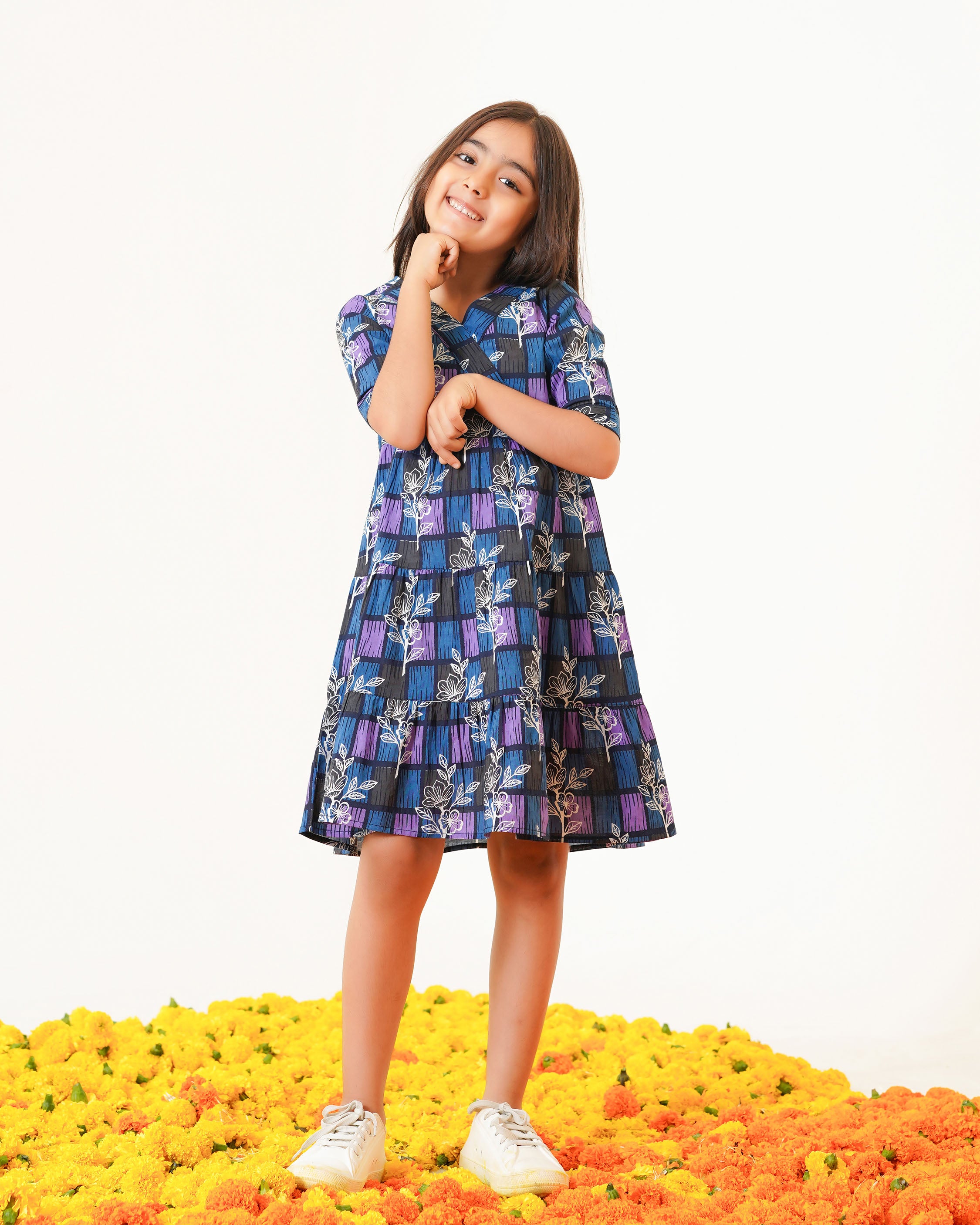 Colorlane 'Blue ColorLane' Tiered Cotton Girl's Dress – Fashiana