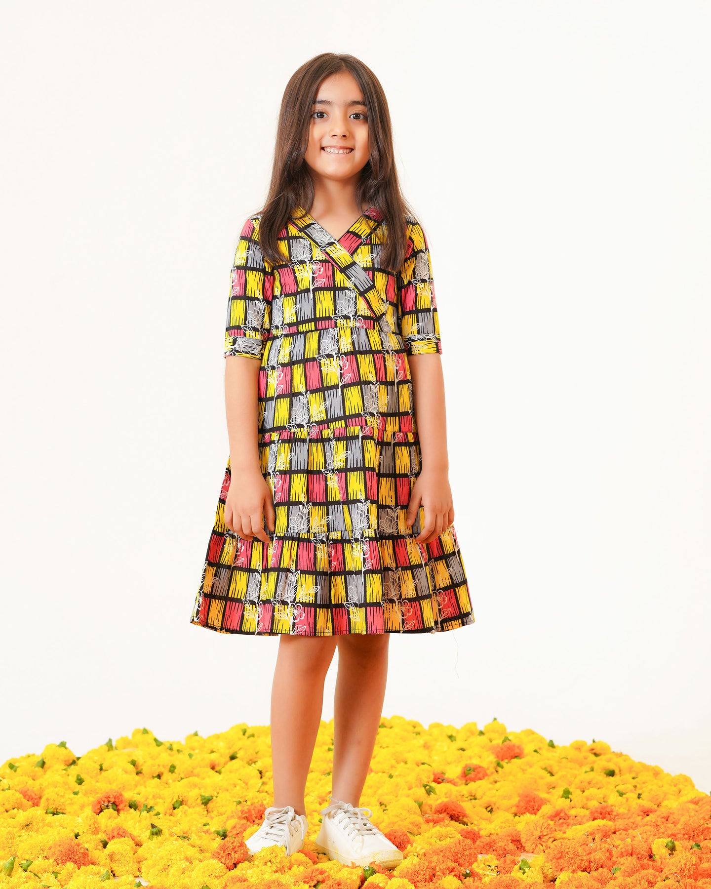 Colorlane 'Yellow ColorLane' Tiered Cotton Girl's Dress – Fashiana