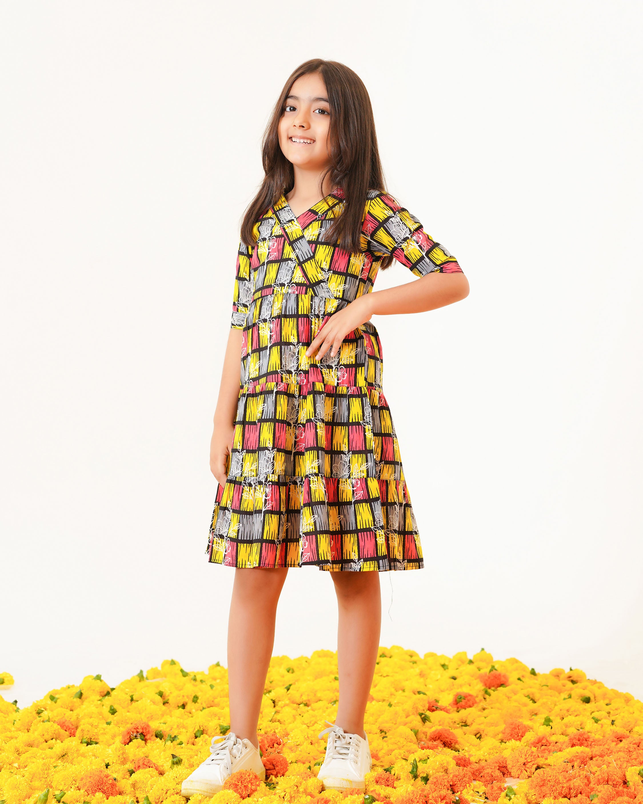 Colorlane 'Yellow ColorLane' Tiered Cotton Girl's Dress – Fashiana