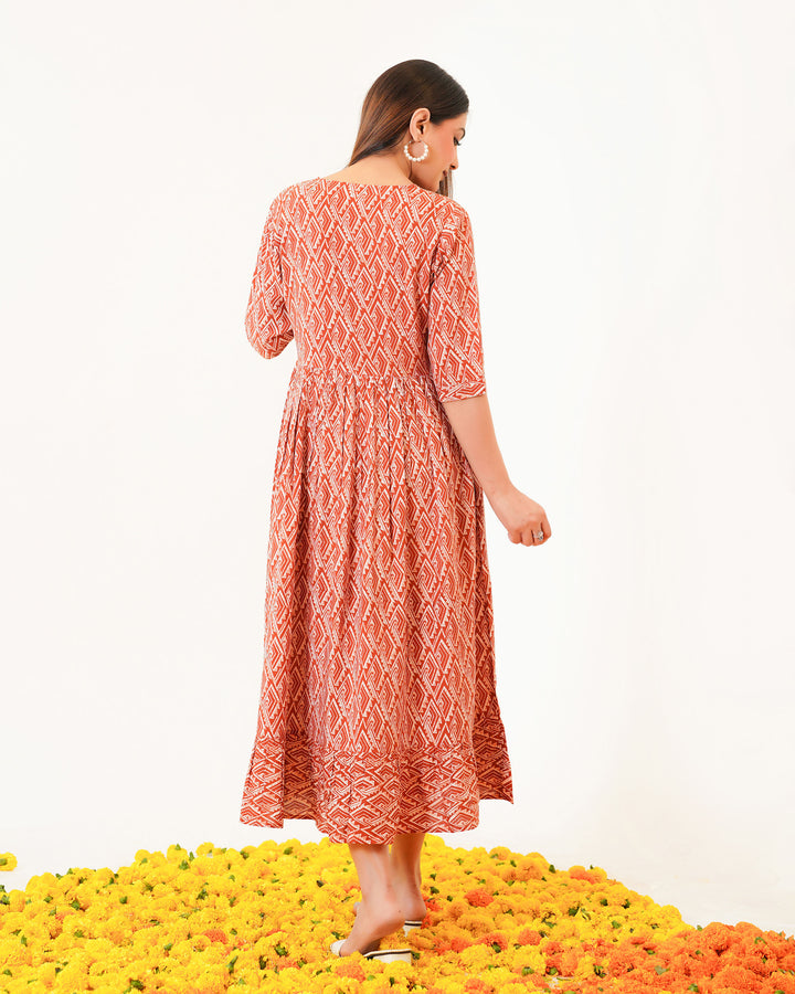 Rust Drape Printed Dress with Pockets