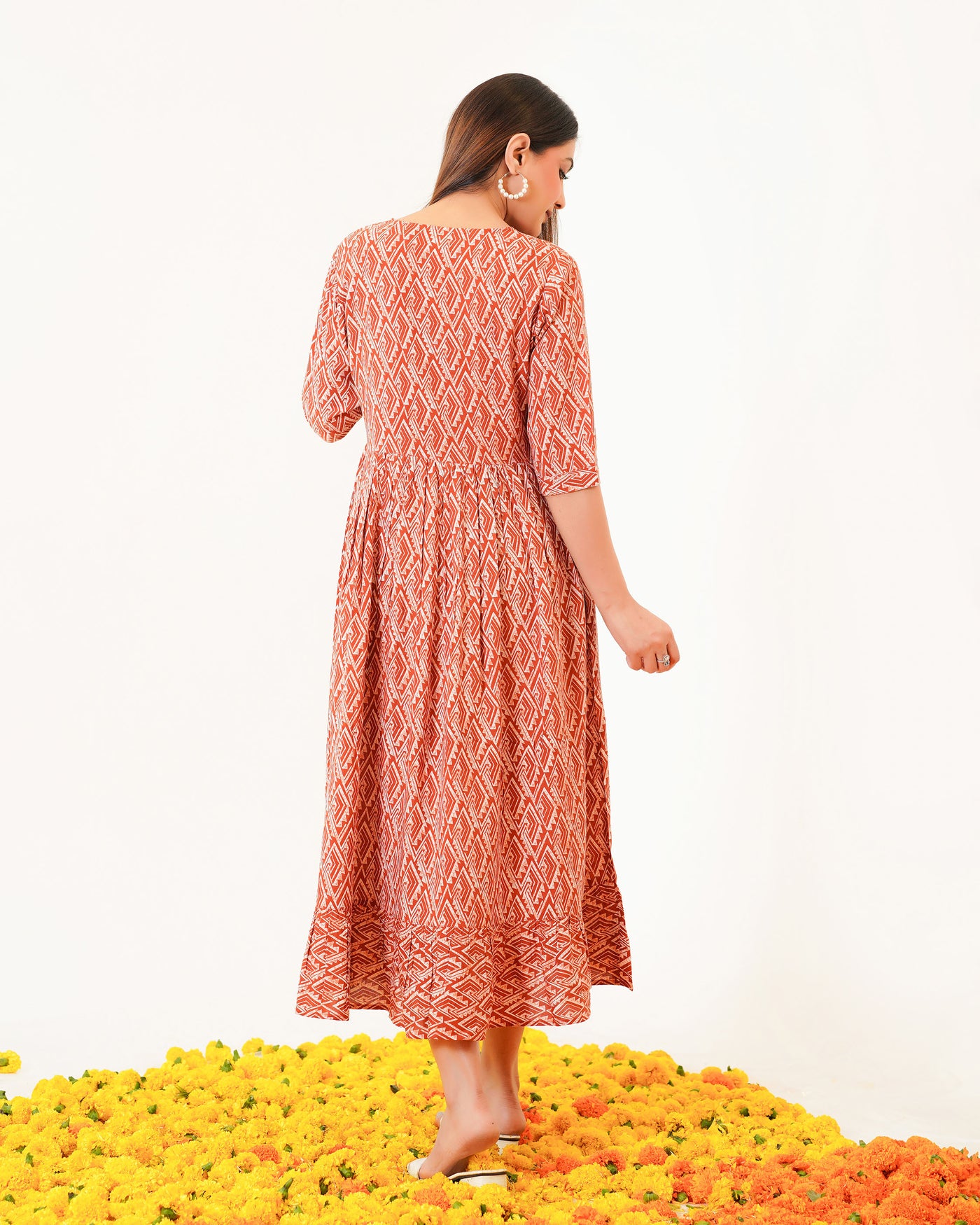 Rust Drape Printed Dress with Pockets