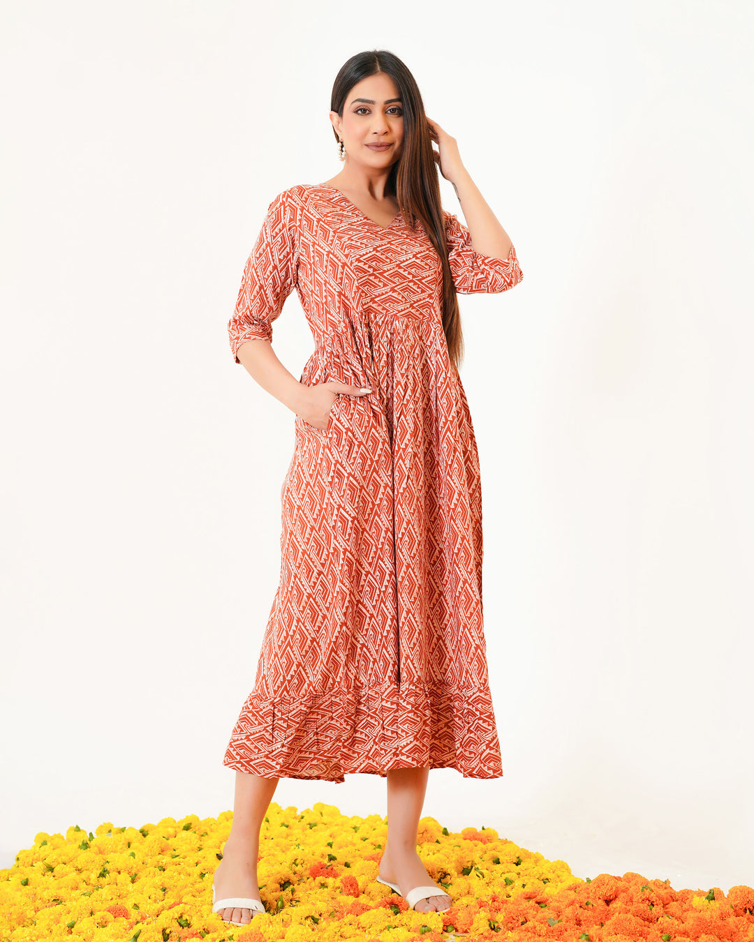 Rust Drape Printed Dress with Pockets