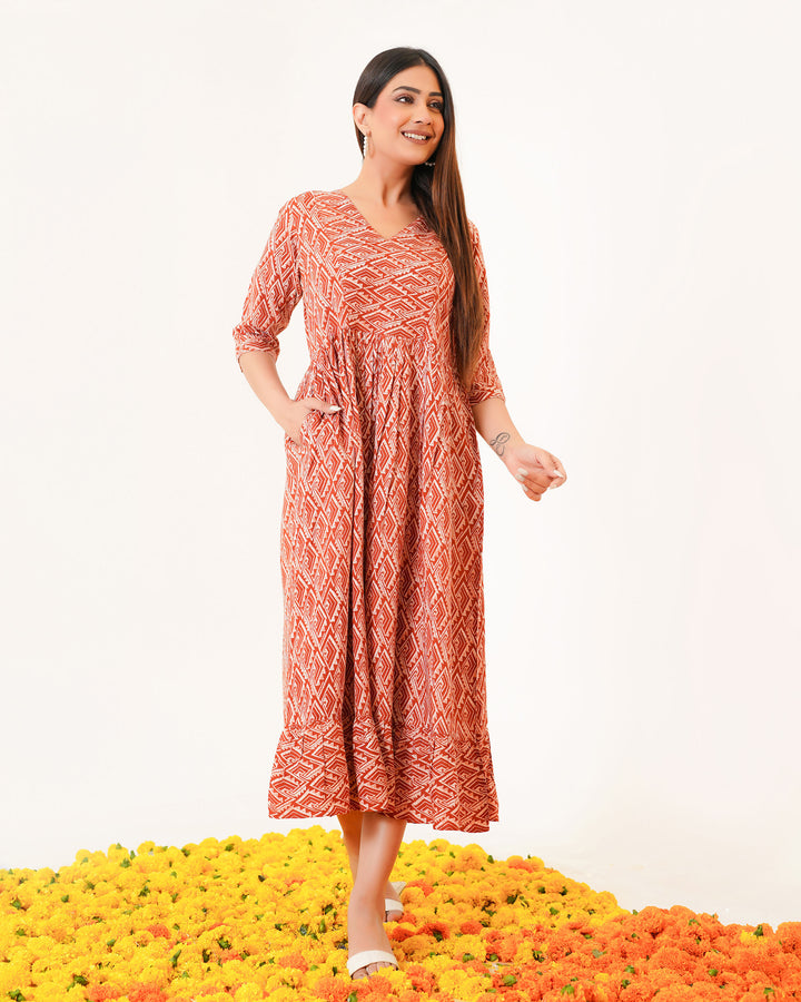 Rust Drape Printed Dress with Pockets