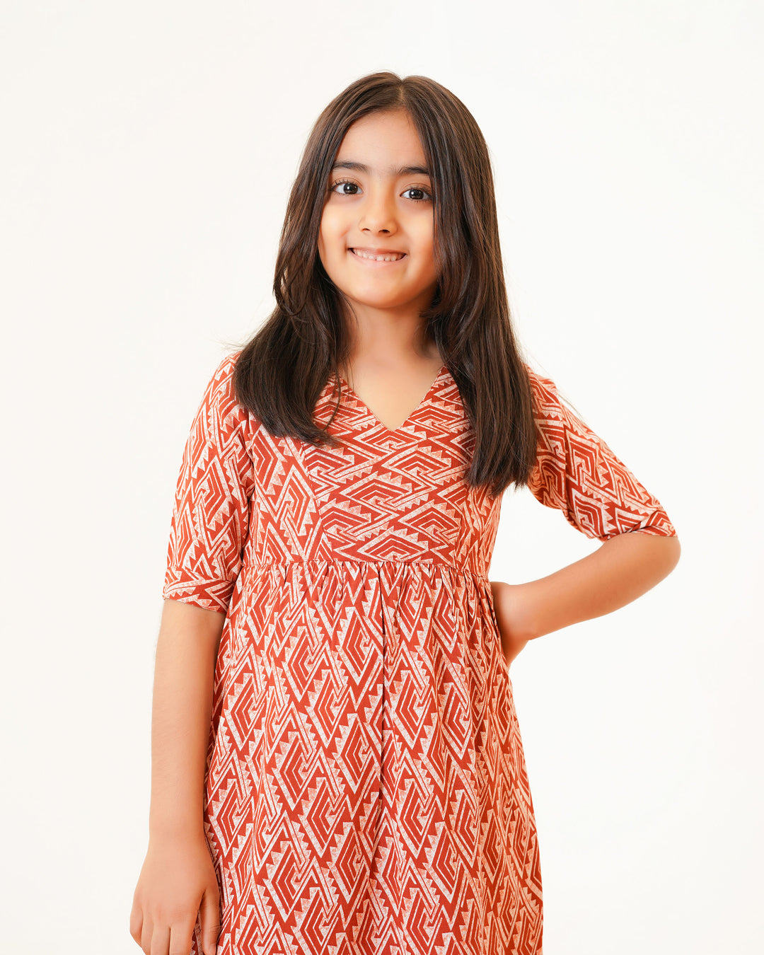 Rust Drape Printed Girl's Dress