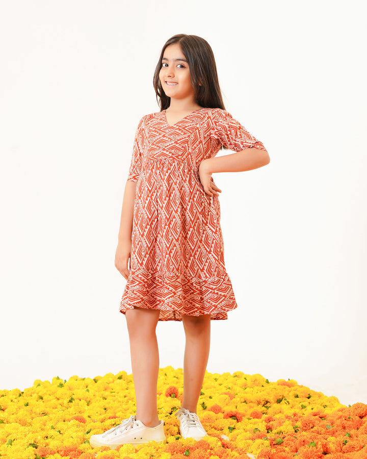 Rust Drape Printed Girl's Dress