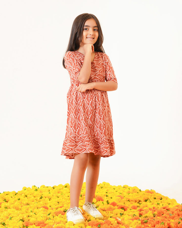 Rust Drape Printed Girl's Dress