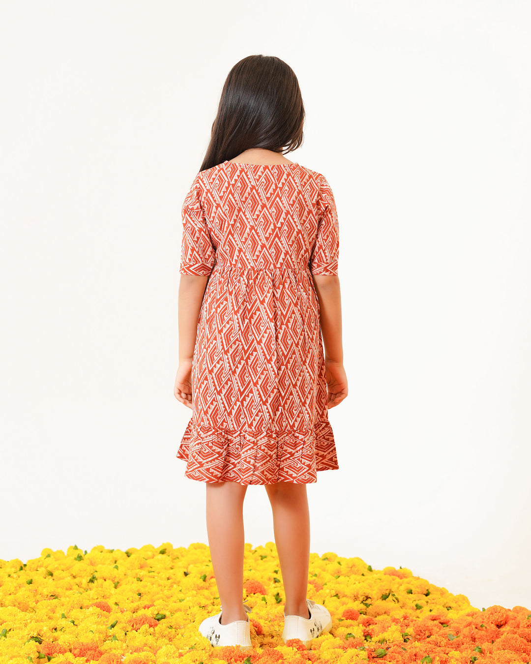 Rust Drape Printed Girl's Dress