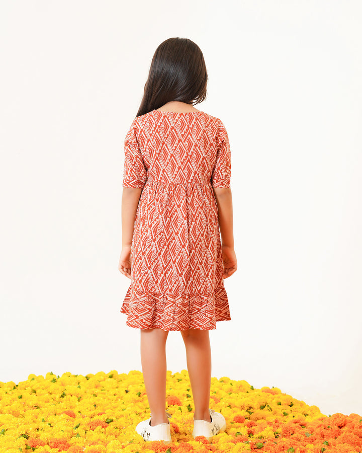 Rust Drape Printed Girl's Dress