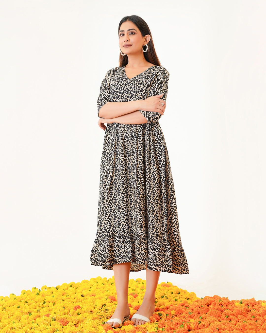 Oak Drape Printed Dress with Pockets
