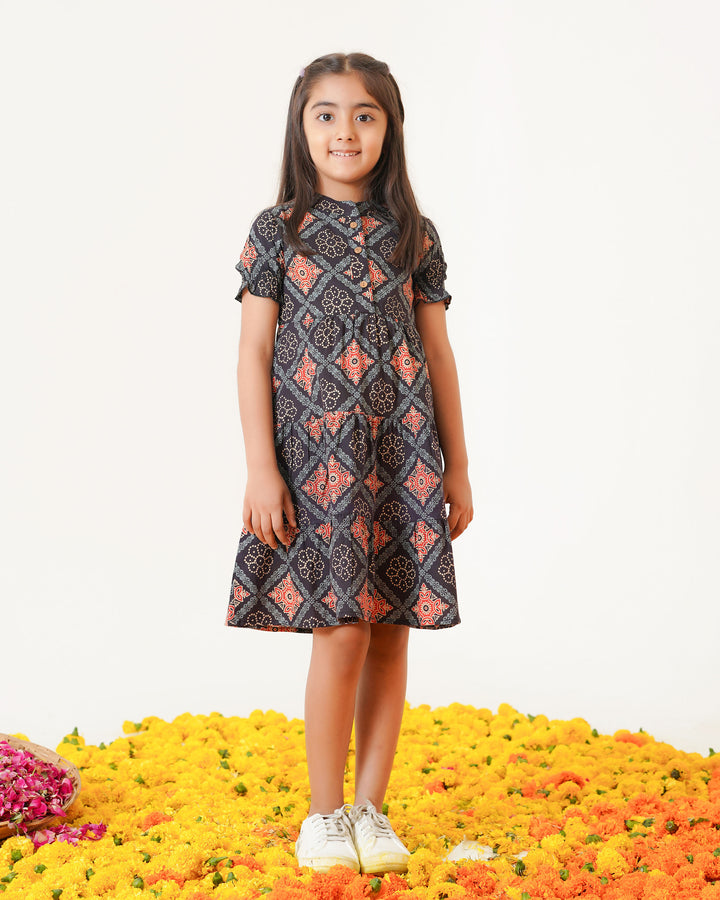 'Ajrakh in Black' 3-Tiered Girl's Cotton Dress