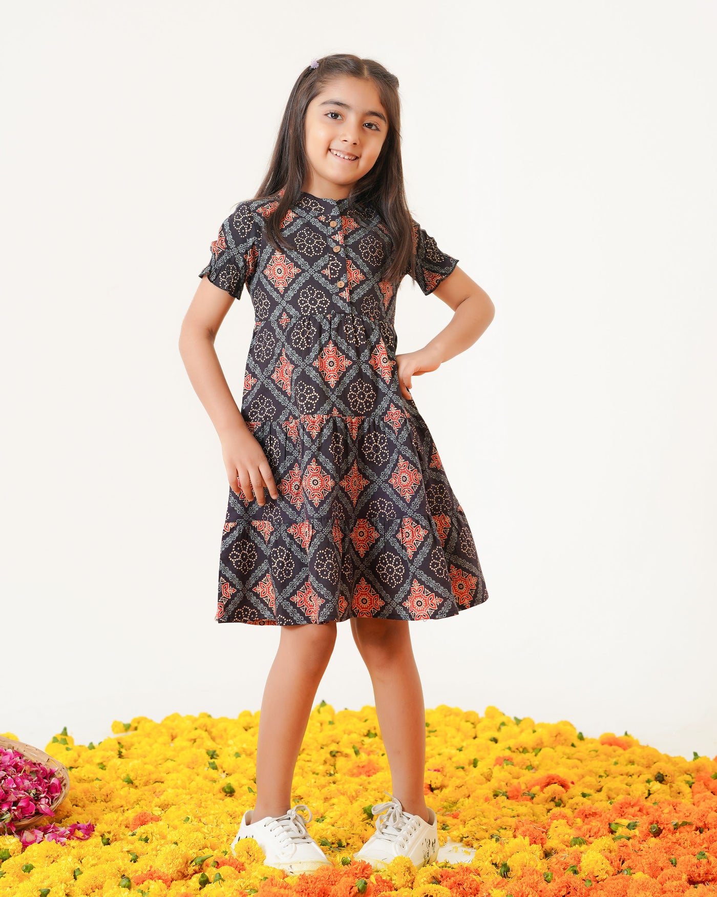 'Ajrakh in Black' Mom and Daughter Tiered Cotton Dresses