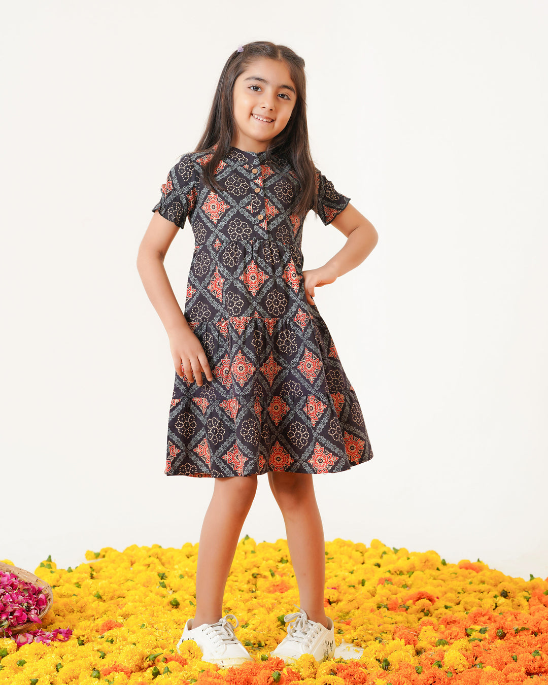 'Ajrakh in Black' 3-Tiered Girl's Cotton Dress