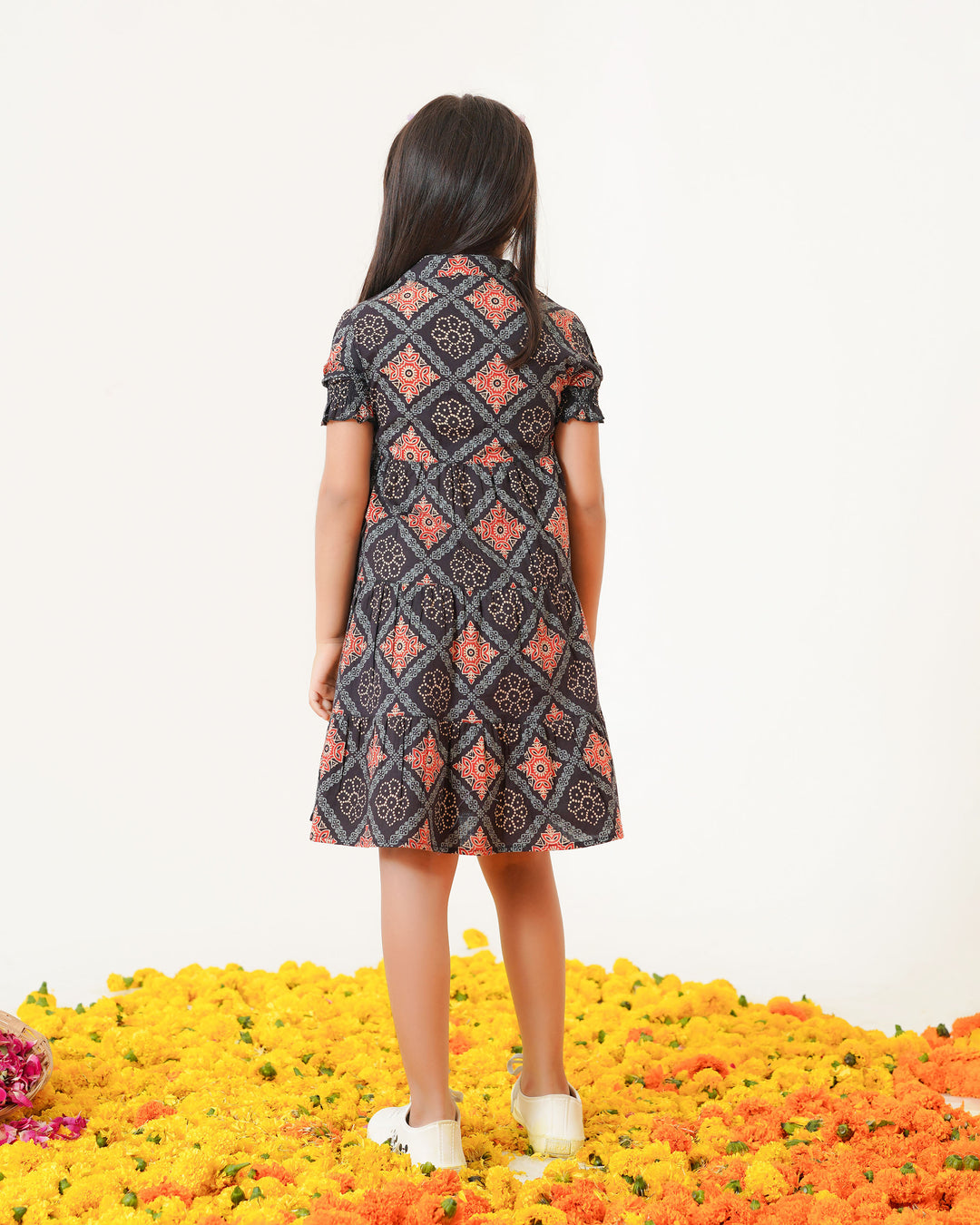 'Ajrakh in Black' 3-Tiered Girl's Cotton Dress