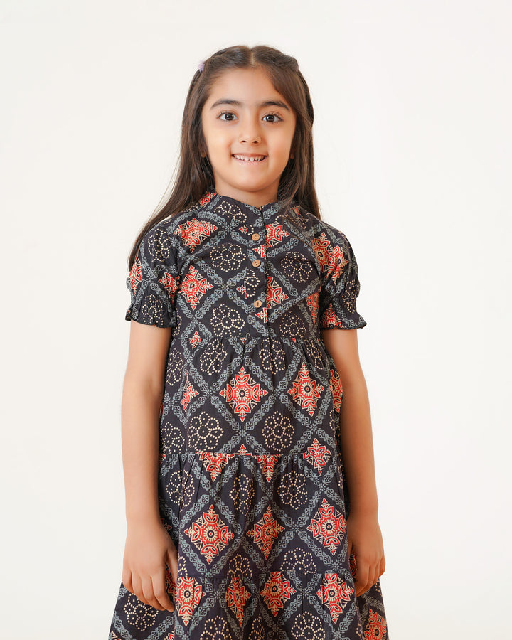 'Ajrakh in Black' 3-Tiered Girl's Cotton Dress