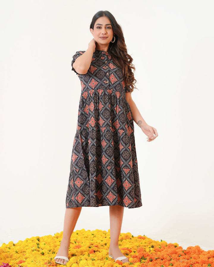 'Ajrakh in Black' 3-Tiered Cotton Midi Dress with Pockets